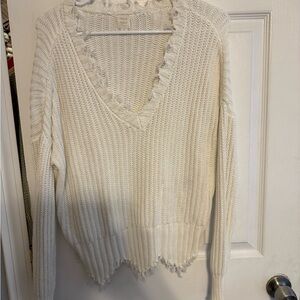 Distressed V-Neck Sweater in Cream